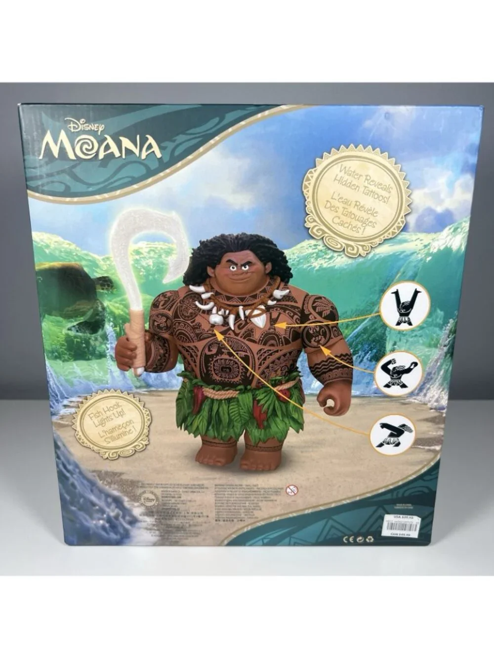Disney Store Talking MAUI Action Figure Moana: Hidden Tattoos, Light-Up Fishhook